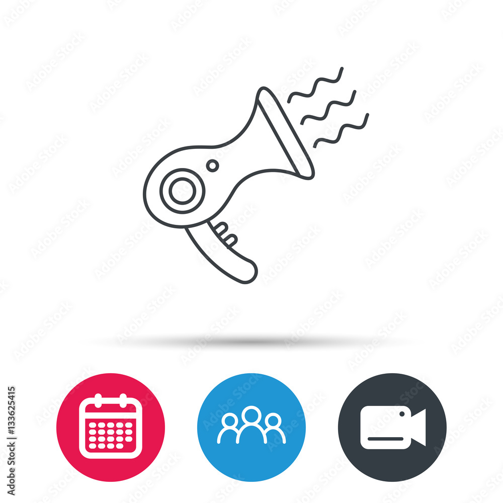 Hairdryer icon. Electronic blowdryer sign. Hairdresser equipment symbol. Group of people, video cam and calendar icons. Vector Hairdryer icon. Electronic blowdryer sign. Hairdresser equipment symbol. Group of people, video cam and calendar icons. Vector