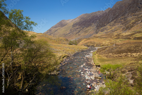 River Clachaig Glencoe Scotland UK Scottish country scene in Scottish Highlands in sunshine blue sky