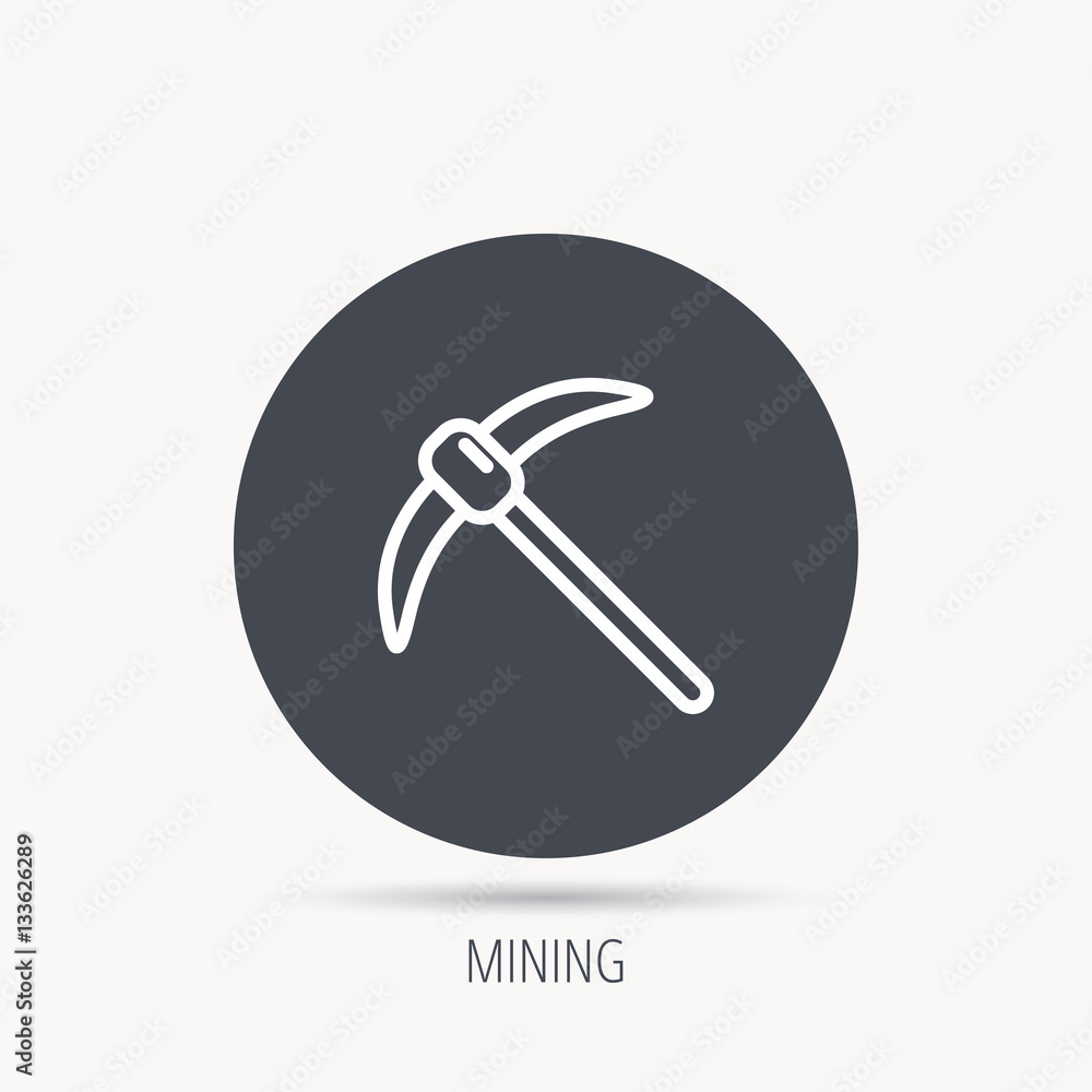 Mining tool icon. Pickaxe equipment sign. Minerals industry symbol. Round web button with flat icon. Vector