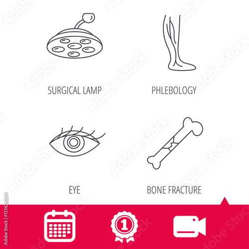 Achievement and video cam signs. Eye, bone fracture and vein varicose icons. Surgical lamp linear sign. Calendar icon. Vector