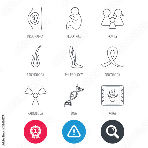 Achievement and search magnifier signs. Pregnancy, pediatrics and family icons. Trichology, vein varicose and oncology awareness ribbon linear signs. Radiology, DNA icons. Hazard attention icon