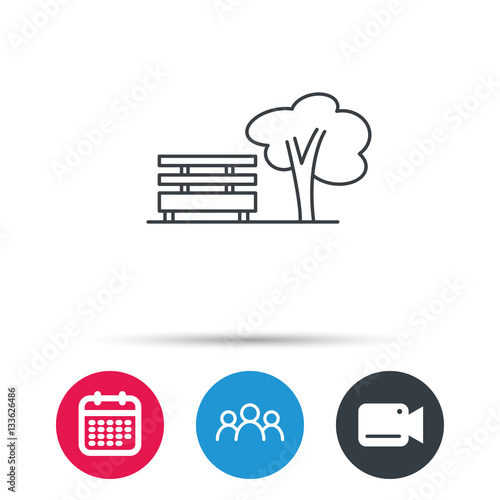 Public park icon. Tree with bench sign. Group of people, video cam and calendar icons. Vector