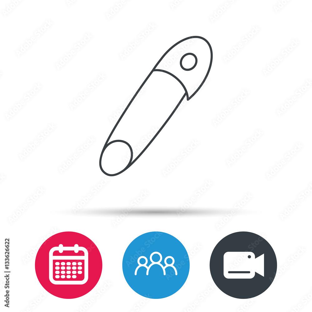Pin icon. Stationery sign. Attachment symbol. Group of people, video cam and calendar icons. Vector Pin icon. Stationery sign. Attachment symbol. Group of people, video cam and calendar icons. Vector