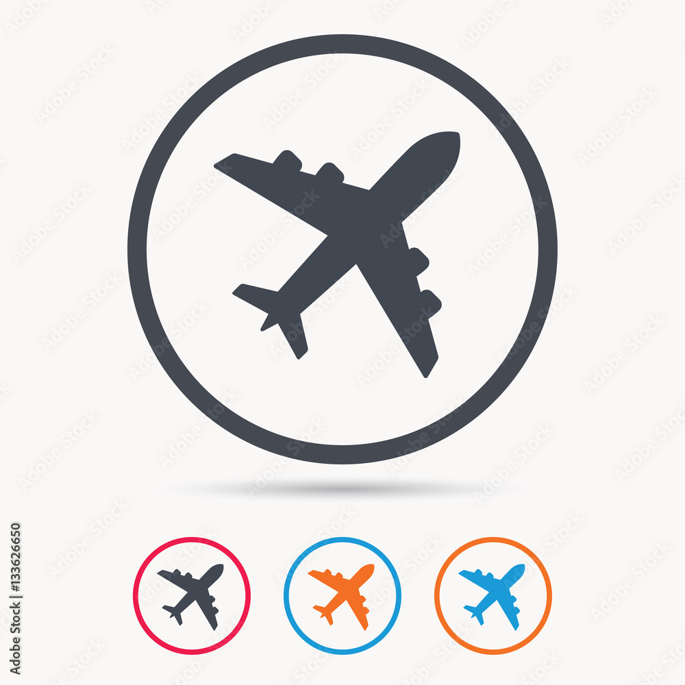 Plane icon. Flight transport symbol. Colored circle buttons with flat web icon. Vector