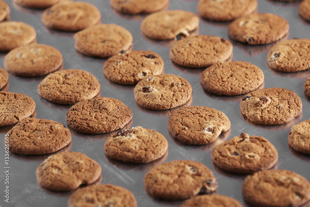 Production line of baking cookies, closeup Production line of baking cookies, closeup
