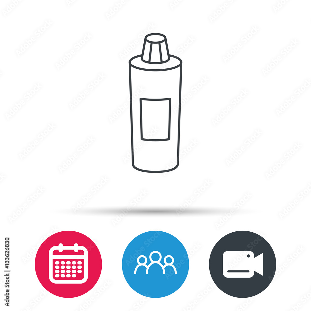 Shampoo bottle icon. Liquid soap sign. Group of people, video cam and calendar icons. Vector Shampoo bottle icon. Liquid soap sign. Group of people, video cam and calendar icons. Vector
