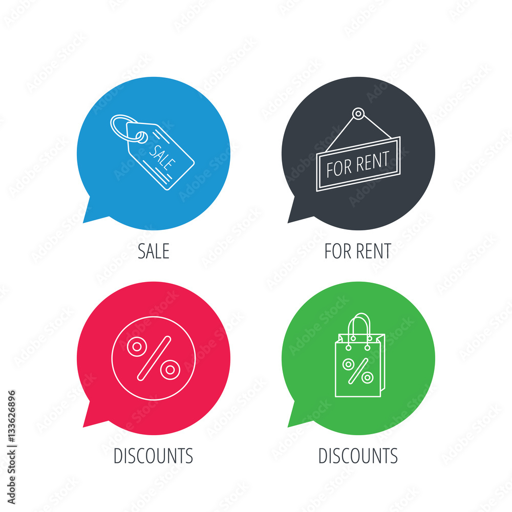Colored speech bubbles. Discounts, gift bag and sale coupon icons. For rent linear sign. Flat web buttons with linear icons. Vector
