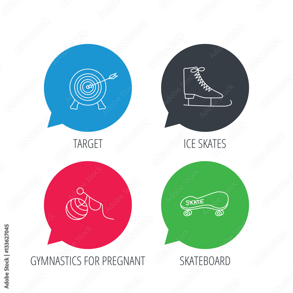 Colored speech bubbles. Target, ice skates and skateboard icons. Gymnastics for pregnant linear sign. Flat web buttons with linear icons. Vector Colored speech bubbles. Target, ice skates and skateboard icons. Gymnastics for pregnant linear sign. Flat web buttons with linear icons. Vector