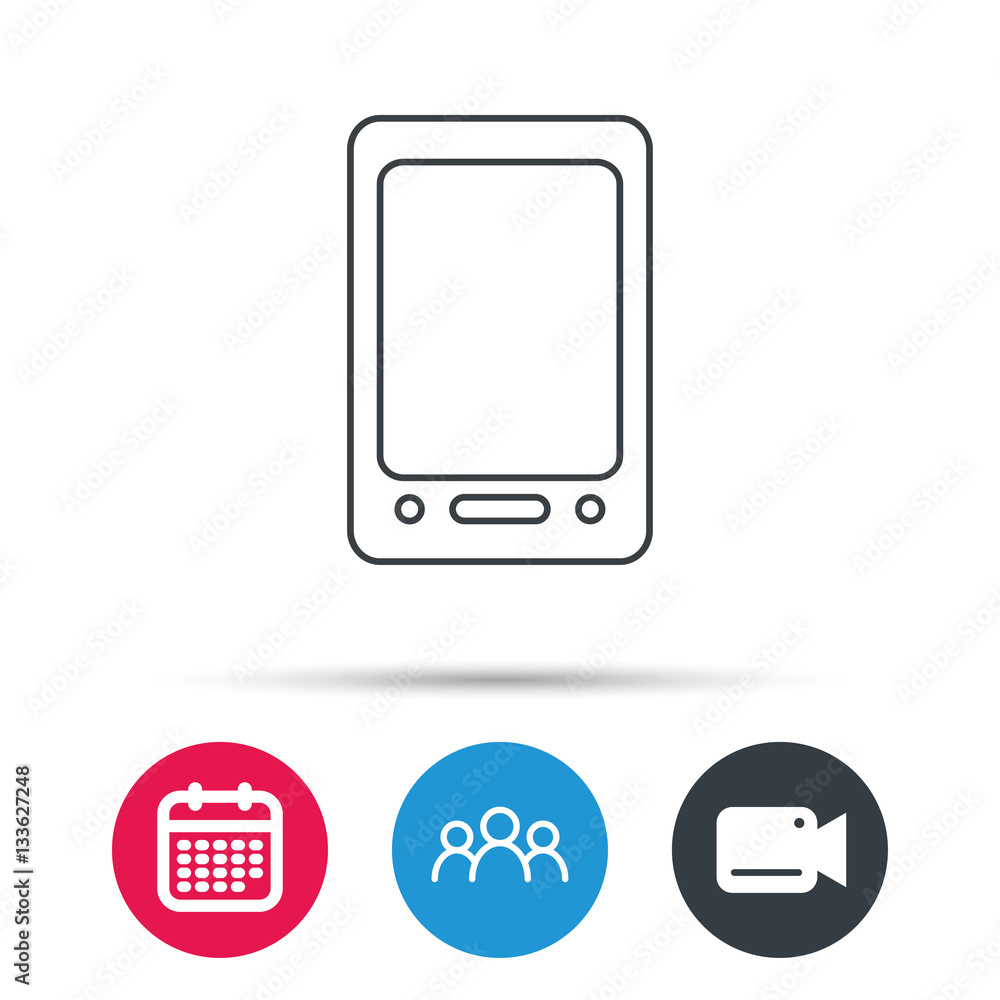 Tablet PC icon. Touchscreen pad sign. Group of people, video cam and calendar icons. Vector Tablet PC icon. Touchscreen pad sign. Group of people, video cam and calendar icons. Vector