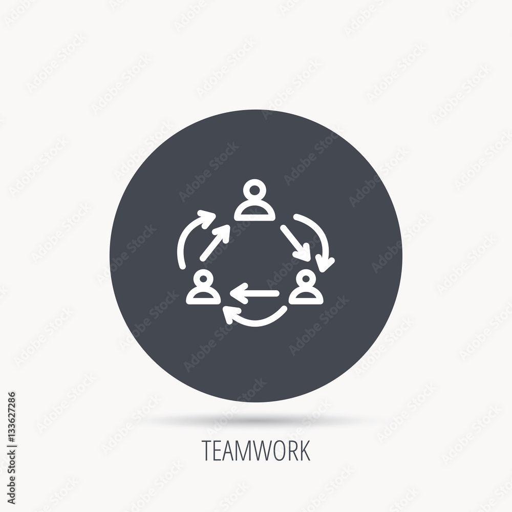 Teamwork icon. Office working process sign. Communication employees symbol. Round web button with flat icon. Vector Teamwork icon. Office working process sign. Communication employees symbol. Round web button with flat icon. Vector