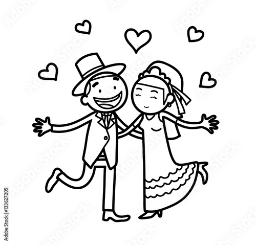 Newlywed Couple Just Married Doodle, a hand drawn vector cartoon illustration of a wedding couple.