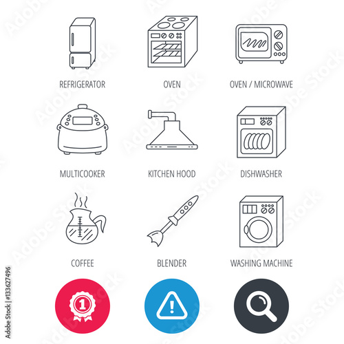 Achievement and search magnifier signs. Microwave oven, washing machine and blender icons. Refrigerator fridge, dishwasher and multicooker linear signs. Coffee icon. Hazard attention icon. Vector
