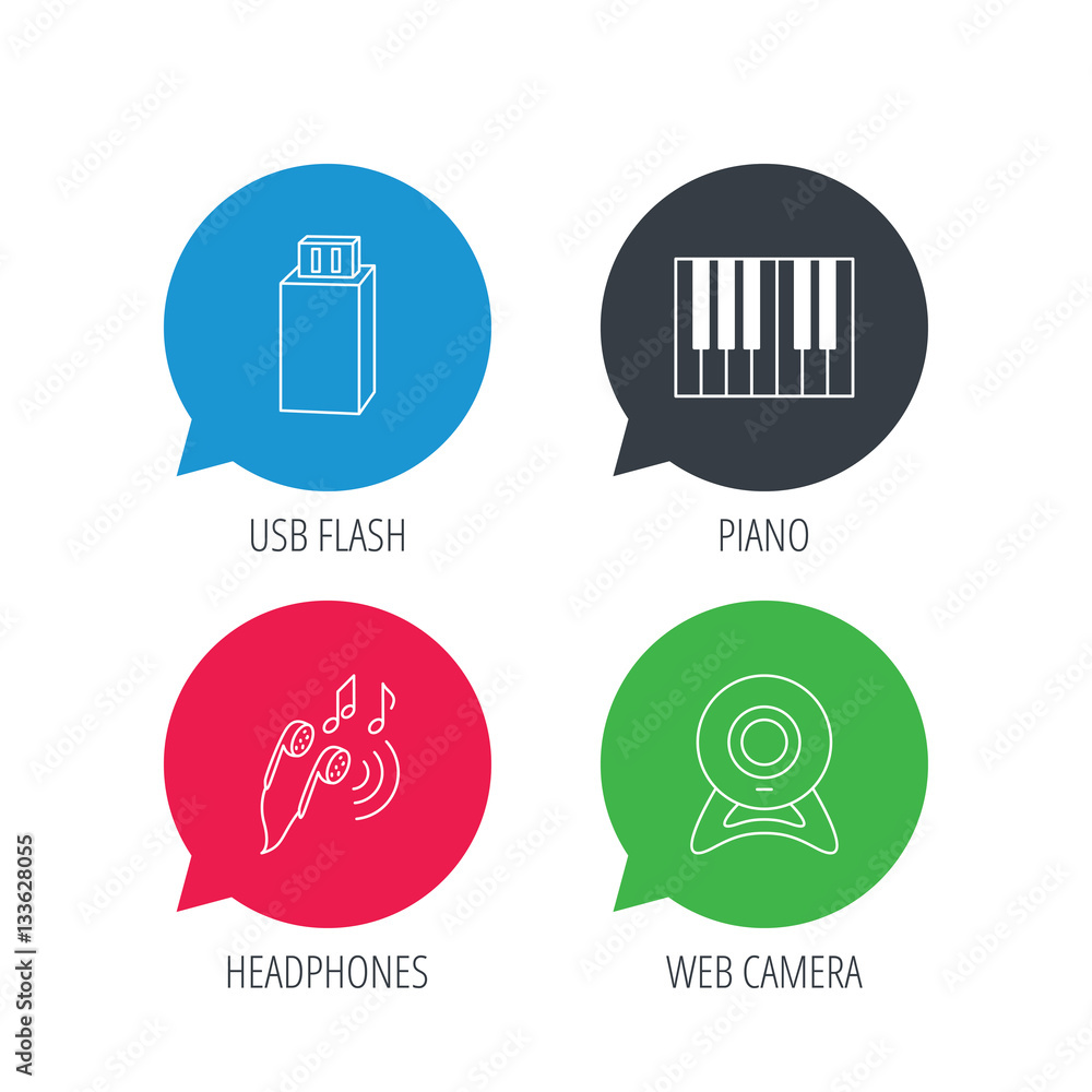 Colored speech bubbles. Headphones, web camera and USB flash icons. Piano linear sign. Flat web buttons with linear icons. Vector Colored speech bubbles. Headphones, web camera and USB flash icons. Piano linear sign. Flat web buttons with linear icons. Vector
