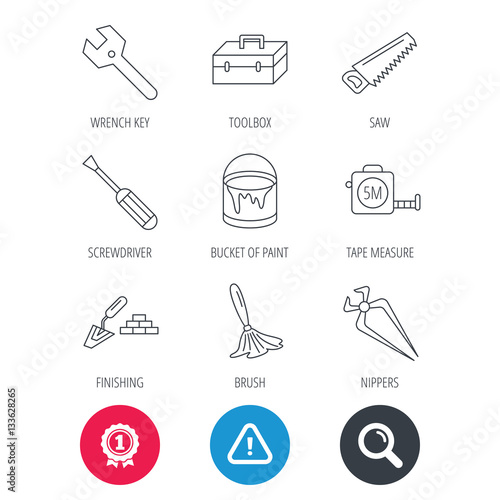Achievement and search magnifier signs. Wrench key, screwdriver and paint brush icons. Toolbox, nippers and saw linear signs. Finishing spatula icon. Hazard attention icon. Vector