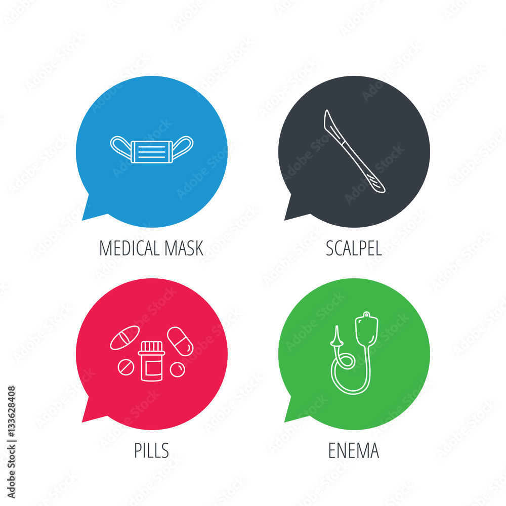 Colored speech bubbles. Medical mask, pills and scalpel icons. Enema linear sign. Flat web buttons with linear icons. Vector Colored speech bubbles. Medical mask, pills and scalpel icons. Enema linear sign. Flat web buttons with linear icons. Vector