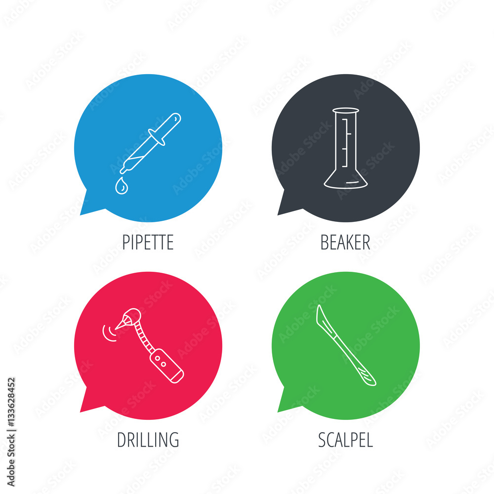 Colored speech bubbles. Beaker, medical scalpel and drilling tool icons. Pipette linear sign. Flat web buttons with linear icons. Vector Colored speech bubbles. Beaker, medical scalpel and drilling tool icons. Pipette linear sign. Flat web buttons with linear icons. Vector