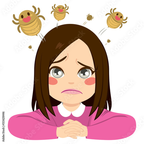 Cute little sad girl with lice jumping from her hair