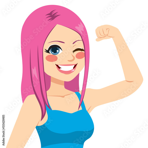 Beautiful young strong confident girl with pink dyed hair showing power concept flexing biceps muscle