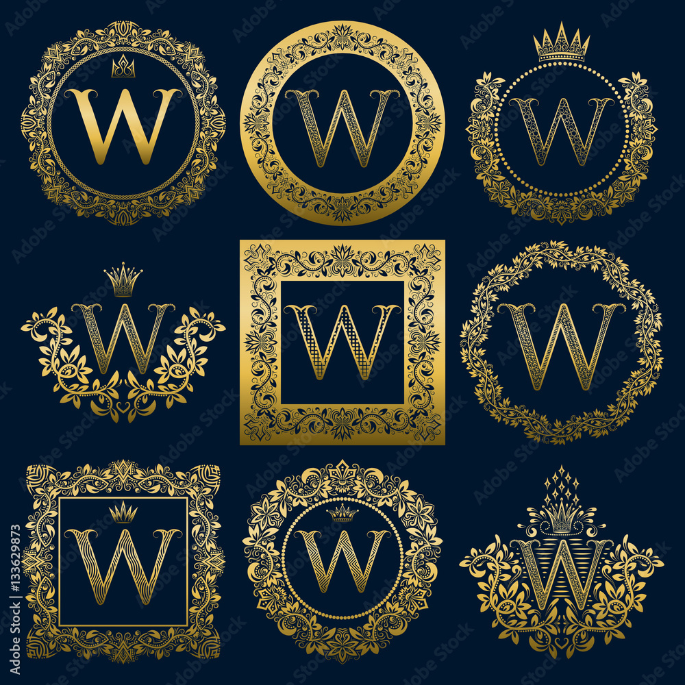 Vintage monograms set of W letter. Golden heraldic logos in wreaths, round and square frames.