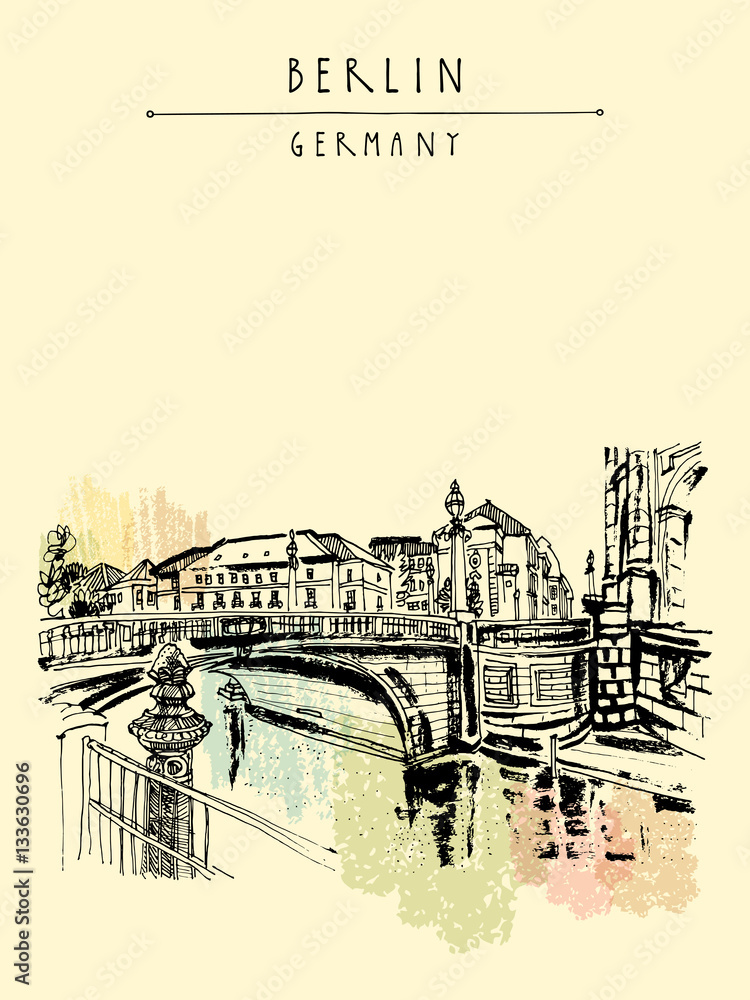 Monbijou bridge in Berlin, Germany, Europe. River Spree, riverside. Hand drawing. Travel sketch. Vintage touristic postcard, poster, book illustration