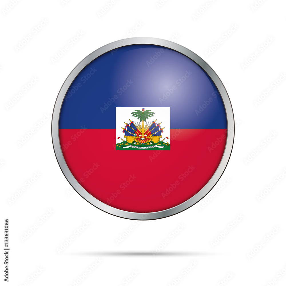 Vector Haitian flag button. Haiti flag in glass button style with metal frame.