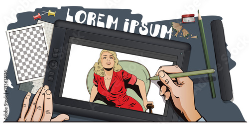 Stunned girl. Hand paints picture on tablet.