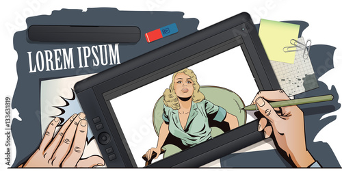 Stunned girl. Hand paints picture on tablet.