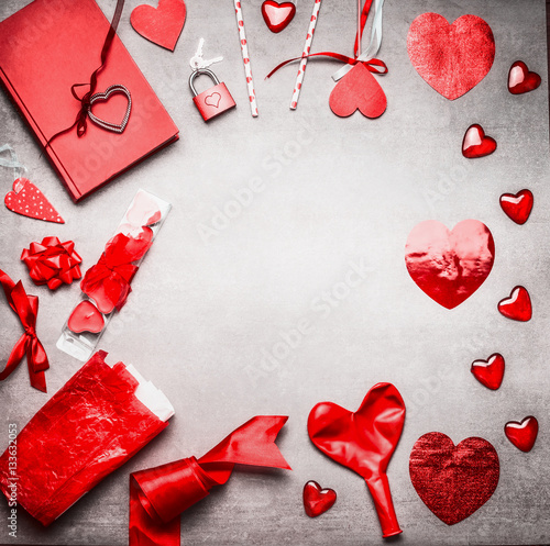 Red Valentines day background with various greeting decoration: heats, balloons, ribbon, lock and key and diary book, top view, frame, place for text