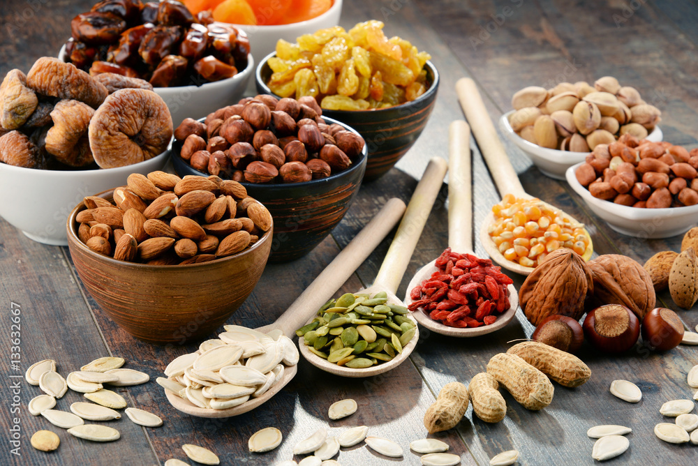 Composition with dried fruits and assorted nuts Composition with dried fruits and assorted nuts