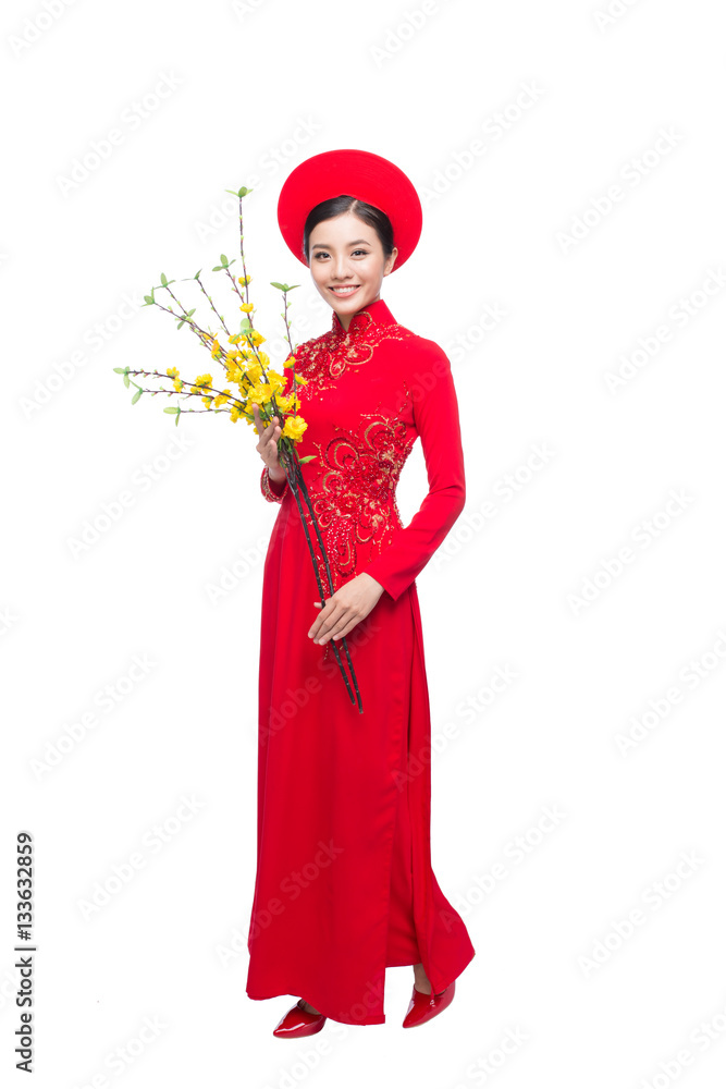 Portrait of a beautiful Asian woman on traditional festival costume. Text mean Happiness