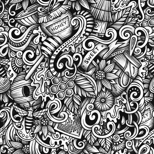 Cartoon hand-drawn doodles Honey seamless pattern