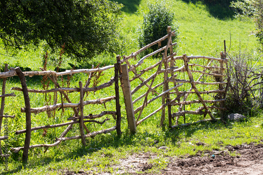 Old wooden fence on green meadow Old wooden fence on green meadow