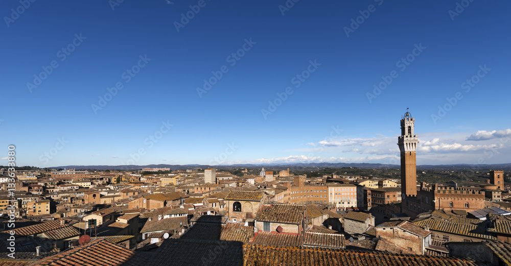 Aerial view of Siena with the Torre del Mangia (Tower of Mangia). Tuscany, Italy