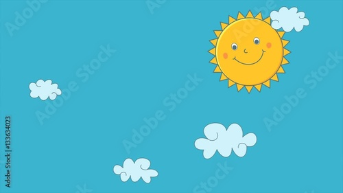 Cute cartoon smiling sun and clouds loopable background animation