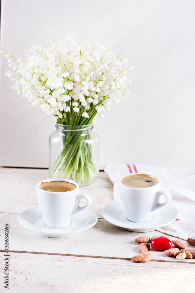 espresso, heart and bouquet of flowers espresso, heart and bouquet of flowers