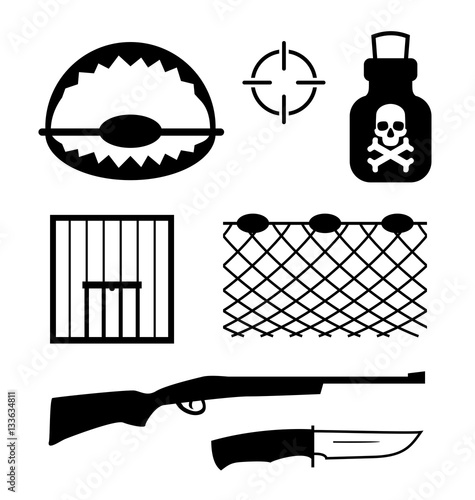 Vector set of poaching and illegal animal hunting and catching icons on black background. Social problem of danger for safety of wildlife. Stop poachers.