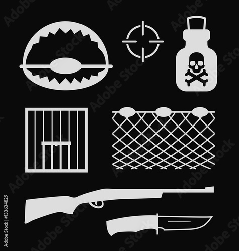Vector set of poaching and illegal animal hunting and catching icons on black background. Social problem of danger for safety of wildlife. Stop poachers.