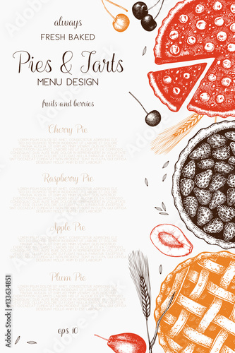 Vector card design with ink hand drawn fruit and berry baking illustration. Vintage template with traditional cake, tart and pie sketch. Sweet bakery. Top view.