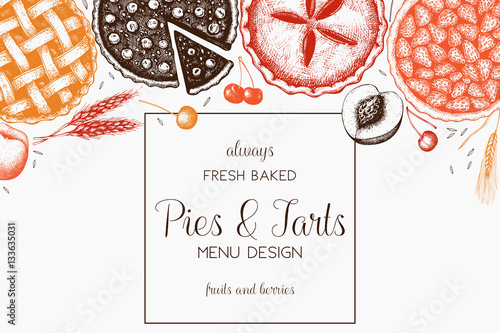 Vector card design with ink hand drawn fruit and berry baking illustration. Vintage template with traditional cake, tart and pie sketch. Sweet bakery. Top view.