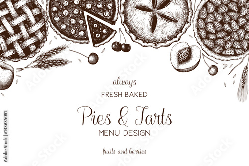 Vector card design with ink hand drawn fruit and berry baking illustration. Vintage template with traditional cake, tart and pie sketch. Sweet bakery. Top view.