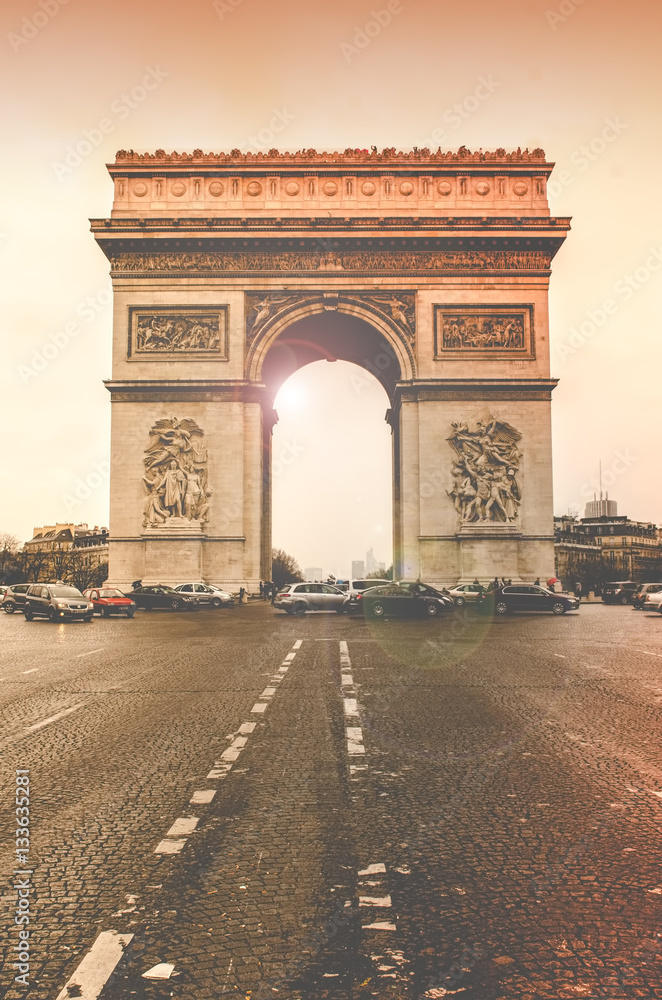 Paris  Triumphal arch in sunset