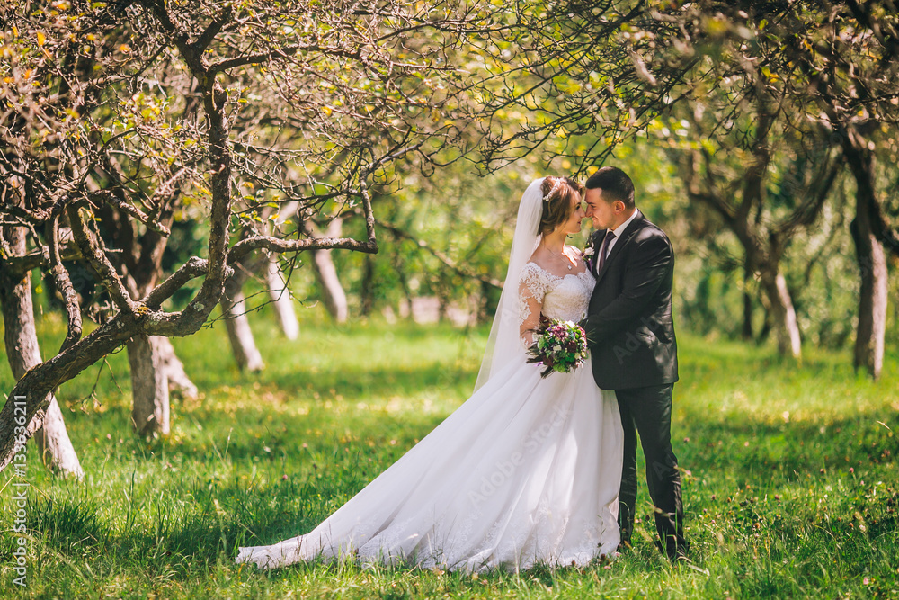 Happy wedding couple in the sunny garden Happy wedding couple in the sunny garden