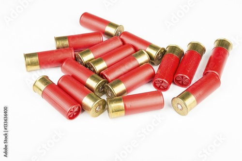 12 gauge red hunting cartridges for shotgun. Macro shot.