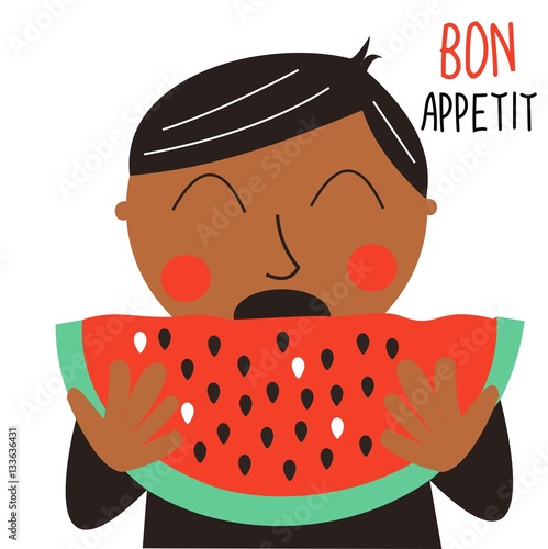 Cute cartoon poster of a boy eating watermelon. "Bon appetit!"