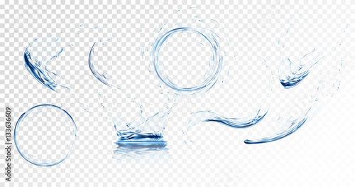 Set of transparent water splashes, water drops and crown from falling into the water in light blue colors, isolated on transparent background. Transparency only in vector file
