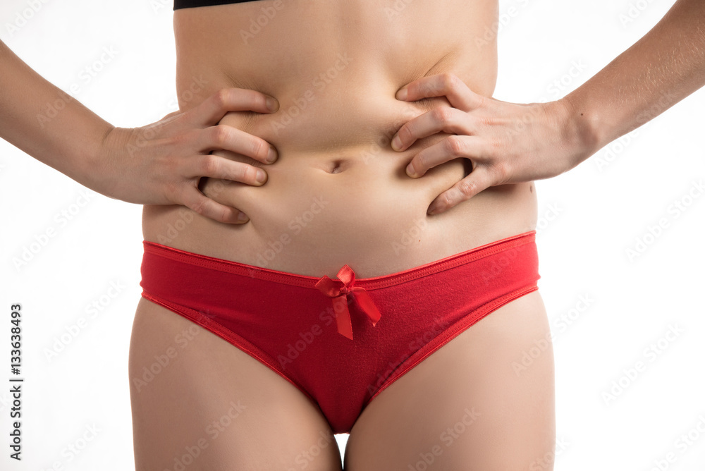 The girl in a red underwear to touch the fat on your stomach and The girl in a red underwear to touch the fat on your stomach and