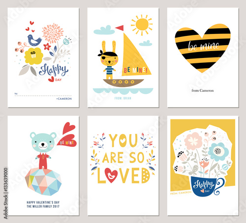 Valentine's Day greeting cards with typographic design and kids illustrations. Include heart shapes, Teddy bear, bunny, romantic quotes, bird and flowers.
