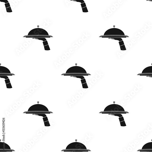 Waiter s hand holding a tray with cloche icon in black style isolated on white background. Restaurant pattern vector illustration.