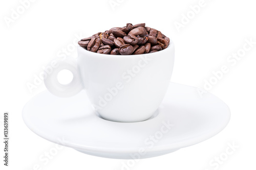 Cup with grains of arabica coffee.