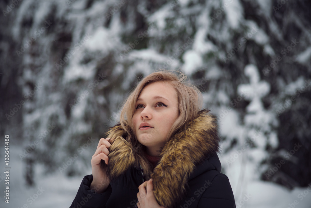 girl walks on the winter forest girl walks on the winter forest